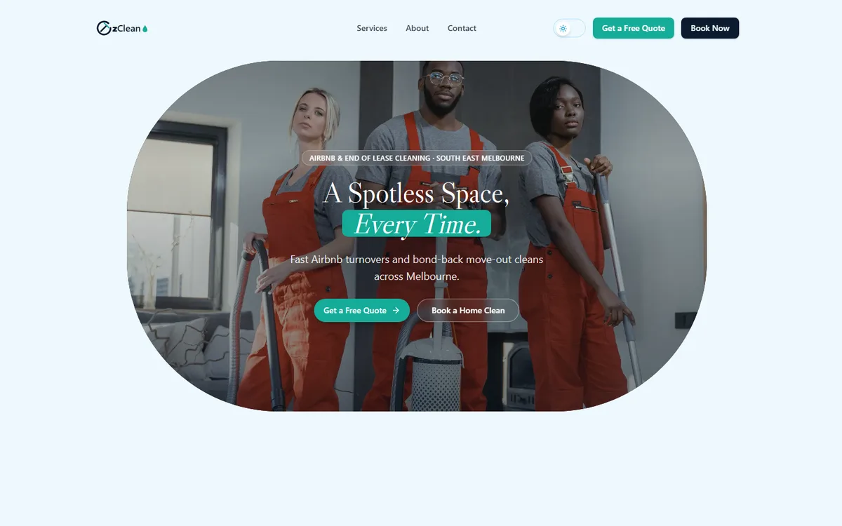 OzClean homepage with booking buttons